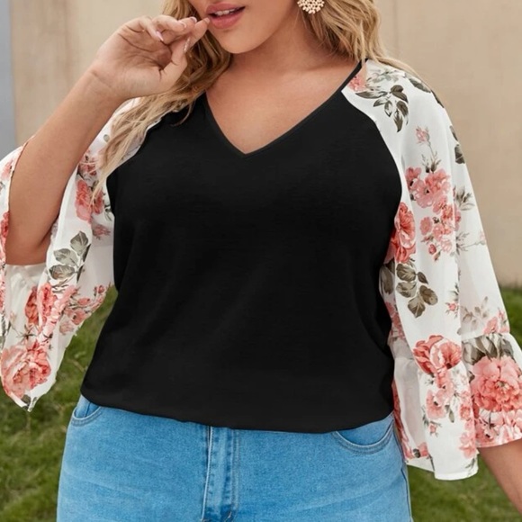 Boho black  V neck floral print sleeve blouse - Picture 1 of 16